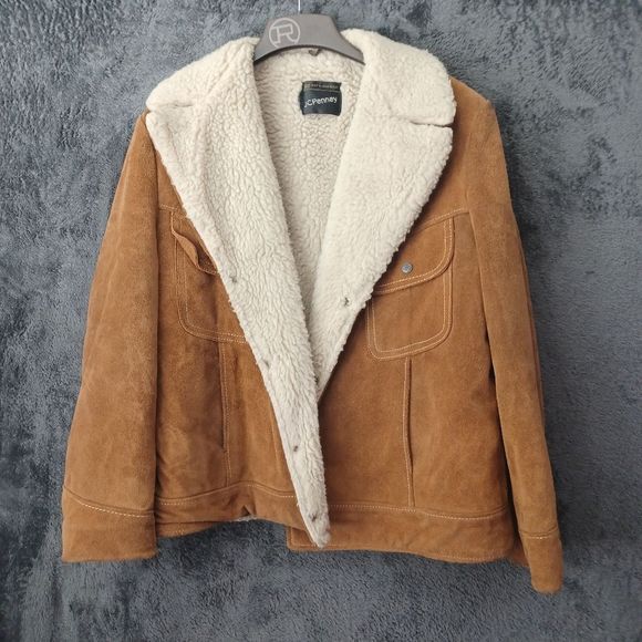 jcpenney Other - Vintage JCPenny Trucker Suede Brown Mens Sherpa Lined 70s Pockets Size 46